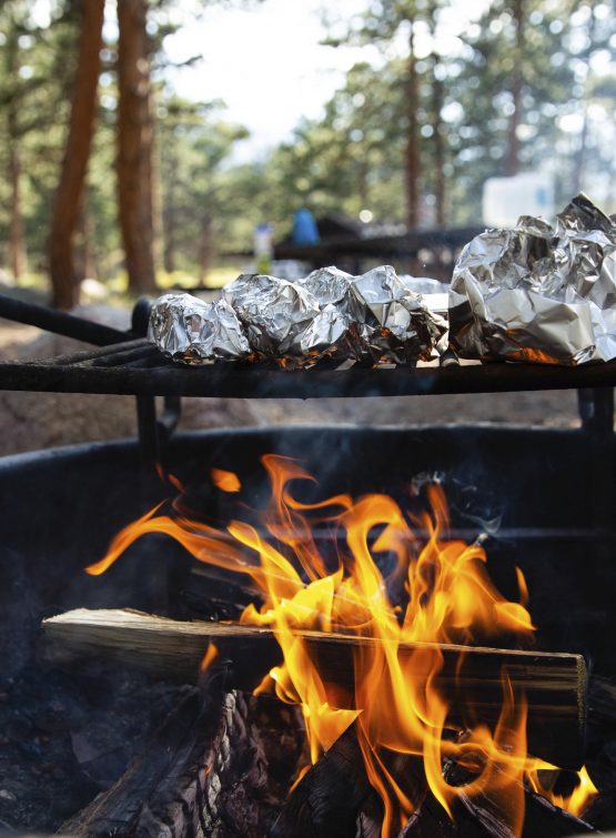 Food cooking over fire pit