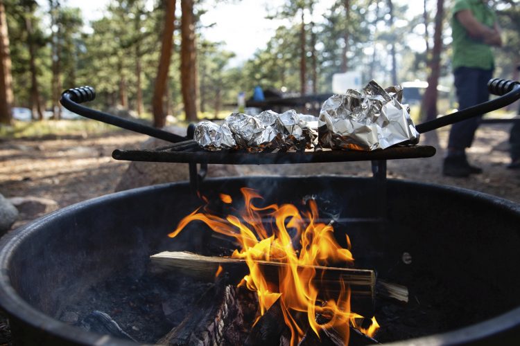 Food cooking over fire pit